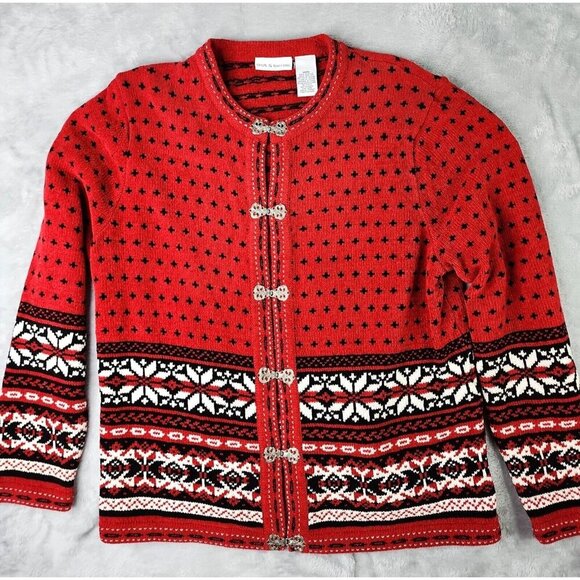 Croft & Barrow Womens Cardigan Sweater M Red Nordic Fair Isle Granny Metal Clasp - Picture 1 of 11